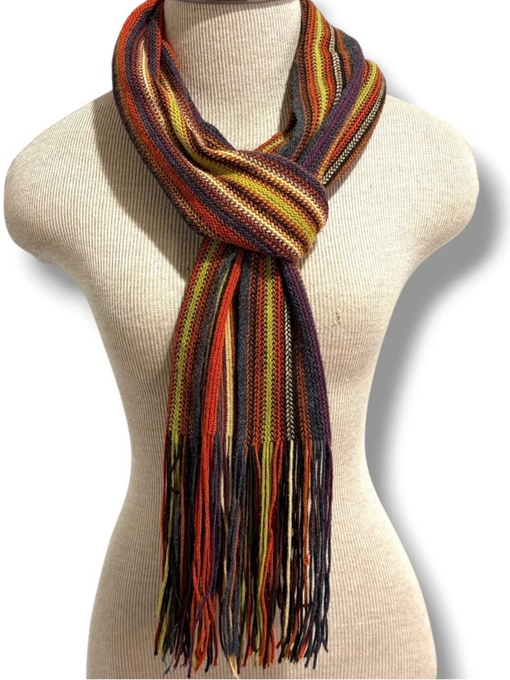 Knit Multicolor Scarf with Fringe Earth Tones Fall Winter Unisex